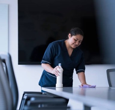 A 30-39 year old woman cleans the desk of the boardroom of a successful company, uses liquid chemicals, rags and uniforms while smiling for the satisfaction of having finished with her homework